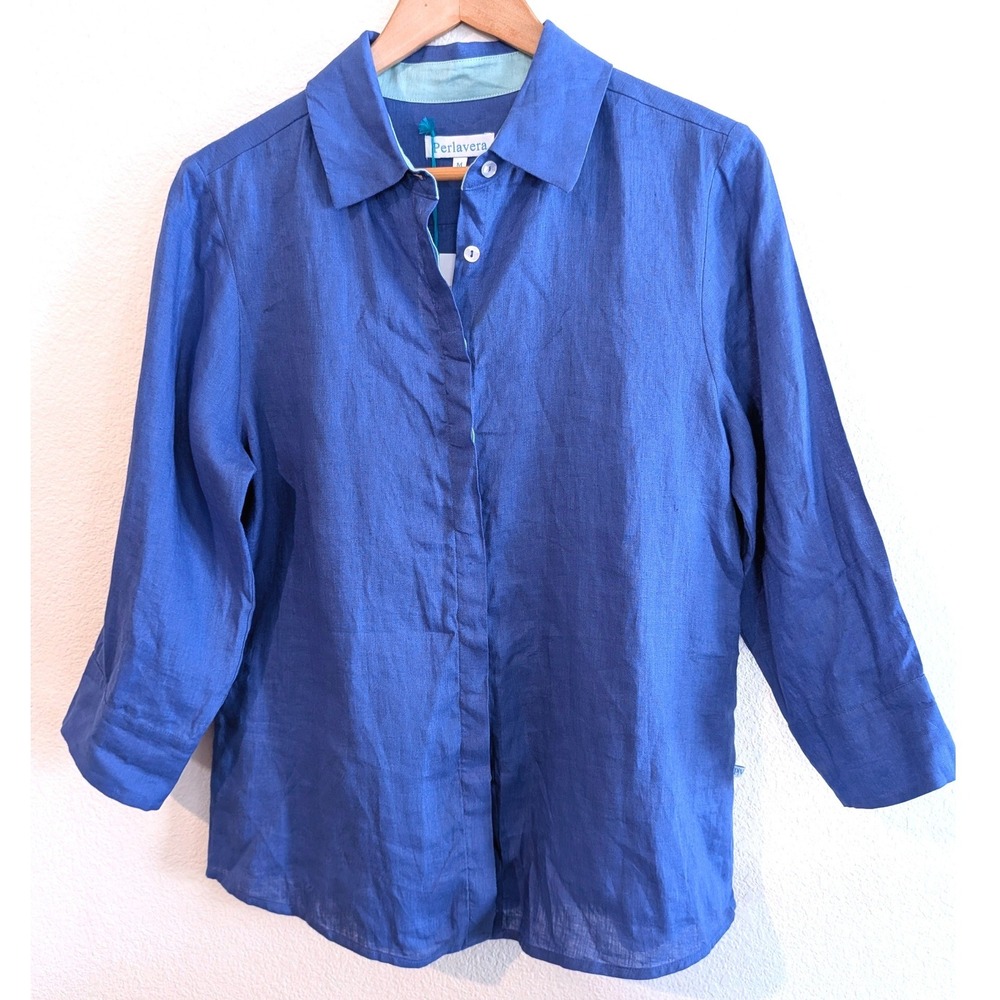 Perlavera Lexy Linen Button Down Shirt Blue 3/4 Sleeve Womens Medium NEW